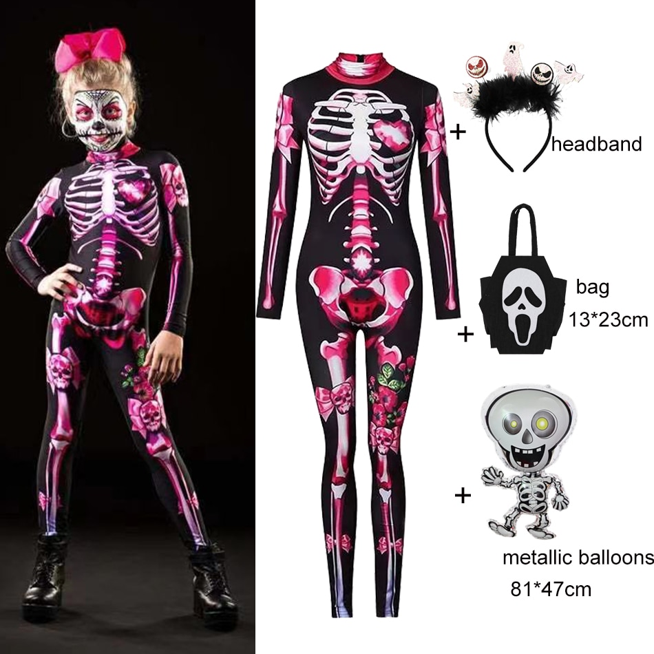 Kids Halloween Scary Skeleton Cosplay Rose Sexy Devil Vampire Jumpsuit Party Carnival Scary Costume Girl Day Of The Dead Clothes