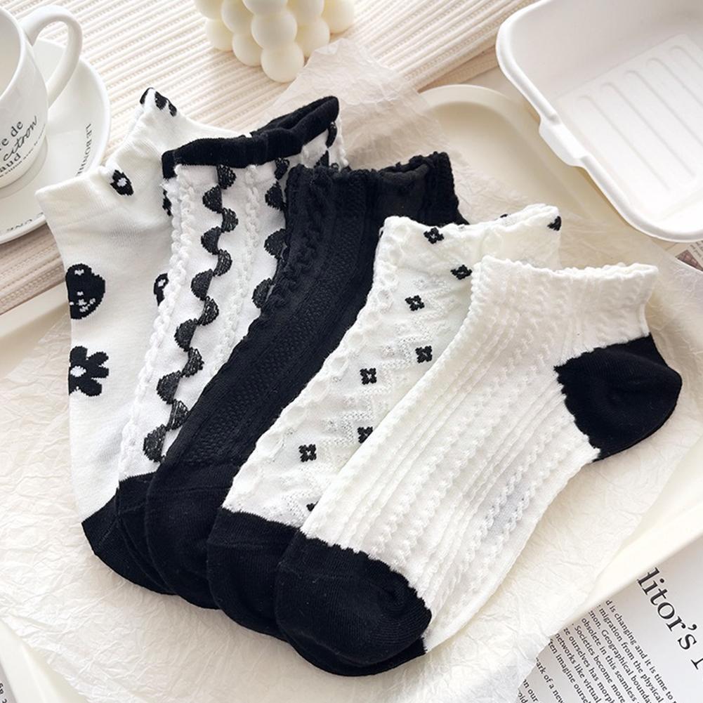 1 Pair Summer Thin Black And White Color Matching Socks Cotton Lace Low Cute Boat Breathable Socks Sock Sock Women W1V7