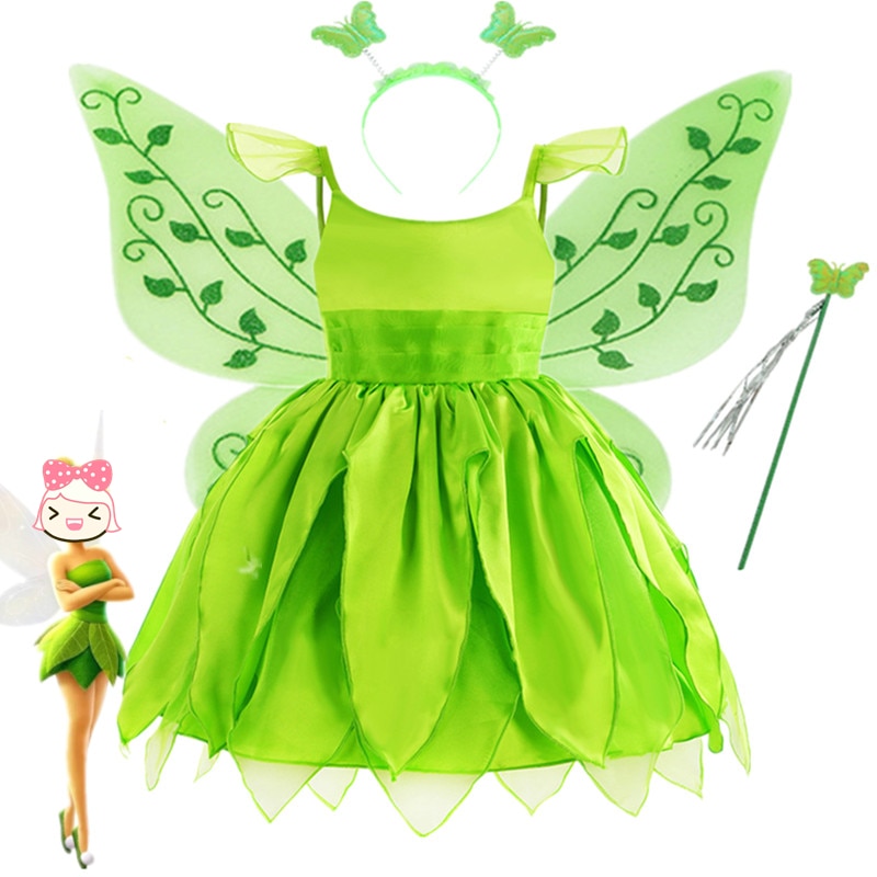 Halloween Tinker Bell Cosplay Costume Kids Green Fancy Dress Fairy Princess Dress Up Christmas Carnival Party for 3-8 Years Girl
