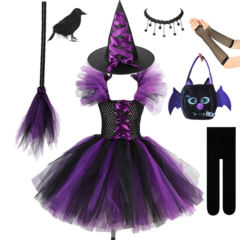 2-12 Years Halloween Kids Witch Dress Tutu Dress Baby Girl Halloween Witch Cosplay Costumes for Children Evening Party Clothing