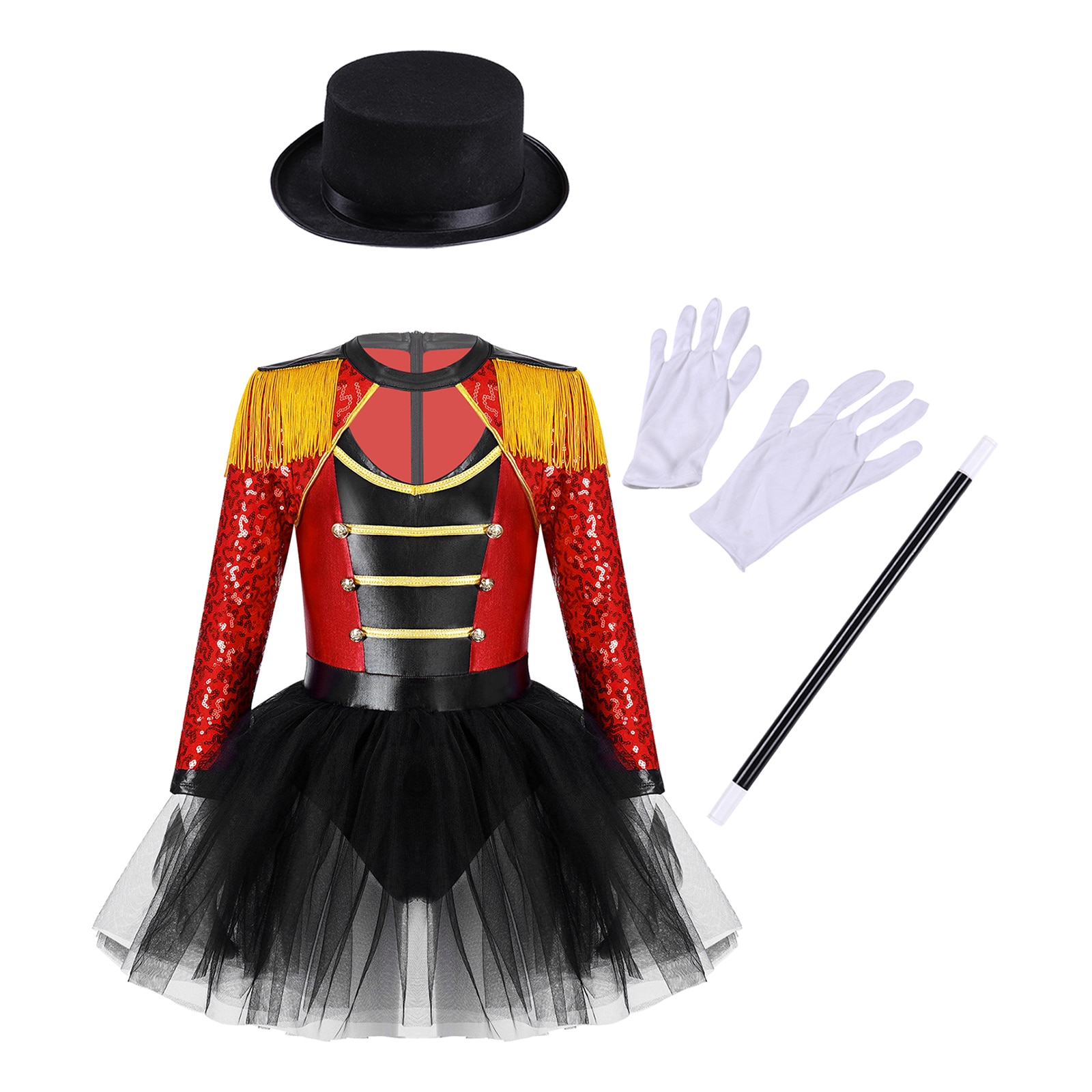 Kids Girls Circus Costume Set Long Sleeve Sequin Tassel Shoulder Tutu Leotard Dress Hat Gloves for Halloween Cosplay Dress Up