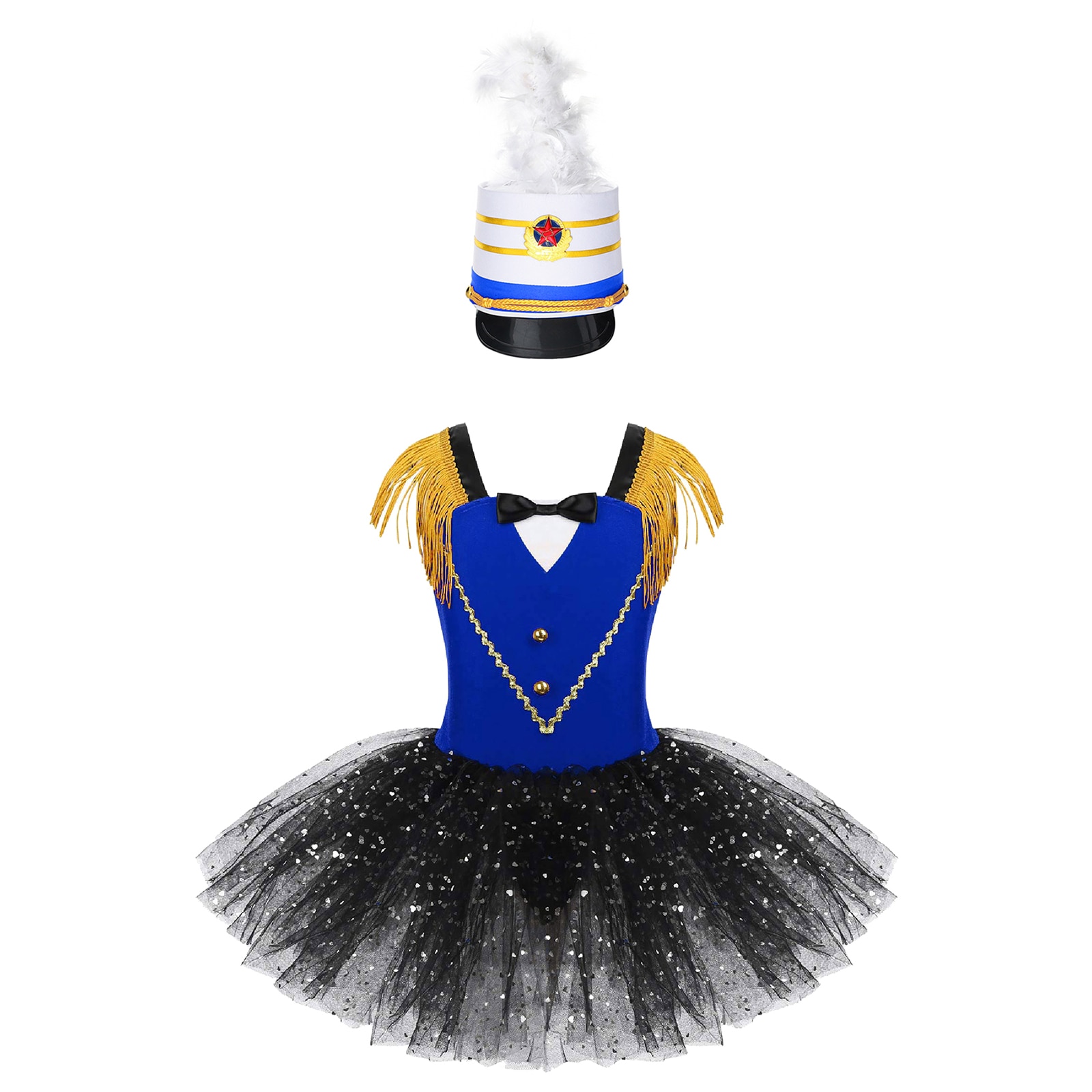 2PCS Kids Girls Flag Raiser Honour Guard Cosplay Costume Set Tassel Shoulder Straps Bowtie Tutu Leotard Dress with Feather Hat