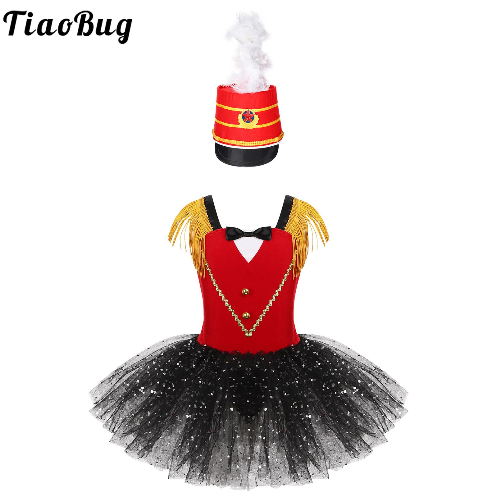Kids Girls Flag Raiser Honour Guard Costume Halloween Carnival Party Cosplay Performance Tutu Leotard Dress with Feather Hat