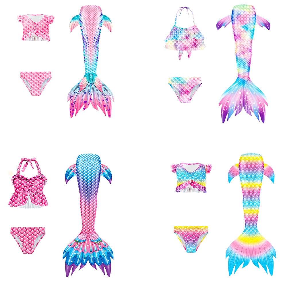 Children Mermaid Tail Swimsuit Halloween Cosplay Costume for Kids Fantasy Beach Bikini Can Add Monofin Fin Kids Cospaly Dresses