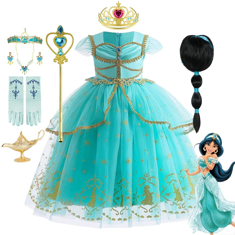Disney 2023 Girls Jasmine Dress Aladdin Princess Magic Lamp Carnival Clothing Vestidos Halloween Party Cosplay Costume