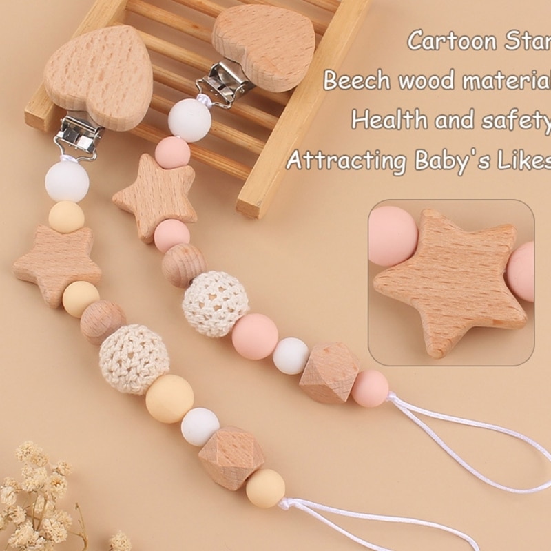 Baby Pacifier Chain Beech Wood Clip Teething Chain Nipple Holder Leash Chewable Pendant Newborn Essential QX2D