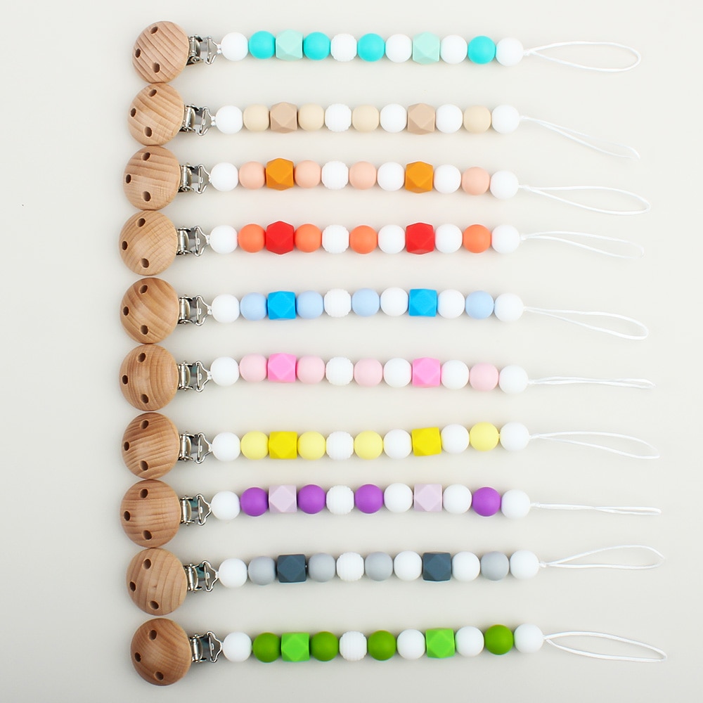 Baby Pacifier Clips Chain Anti-drop Silicone Beads Dummy Holders wooden Nipple holder silicone chain Teether Baby Shower Gift