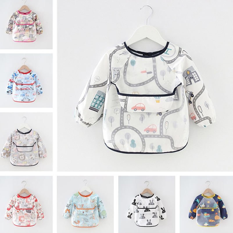 Baby Bandana Bibs Cute Colorful Cartoon Bibs Waterproof Infant Eating Children Drawing Long Sleeve Apron Baby Self Feeding Bib