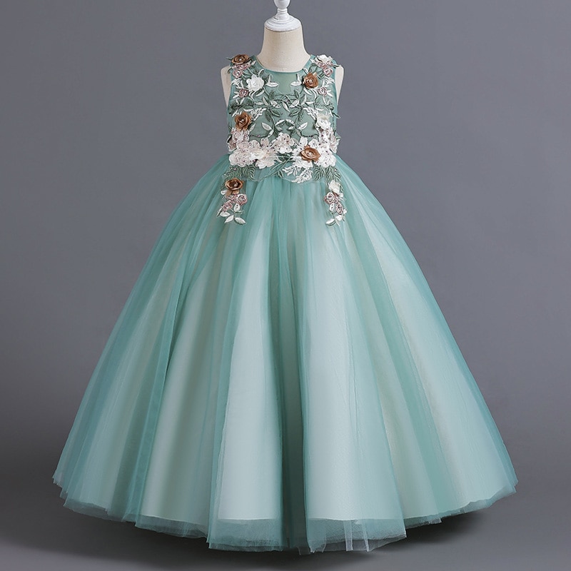 C1260 Children's Dress Girls' Princess Sequin Bubble Sleeve Long Mesh Flower Girl Wedding Little Summer