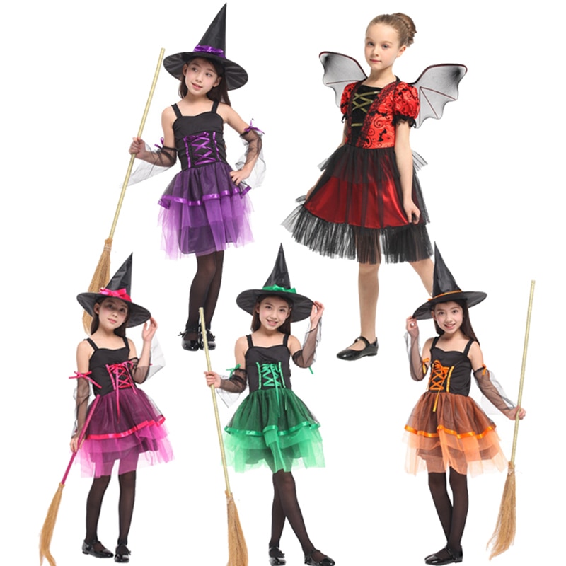 Girls Halloween Witch Tutu Dress With Hat Carnival Princess Costume Children Party Prom Vampire Dresses Wings Kids Fancy Clothes