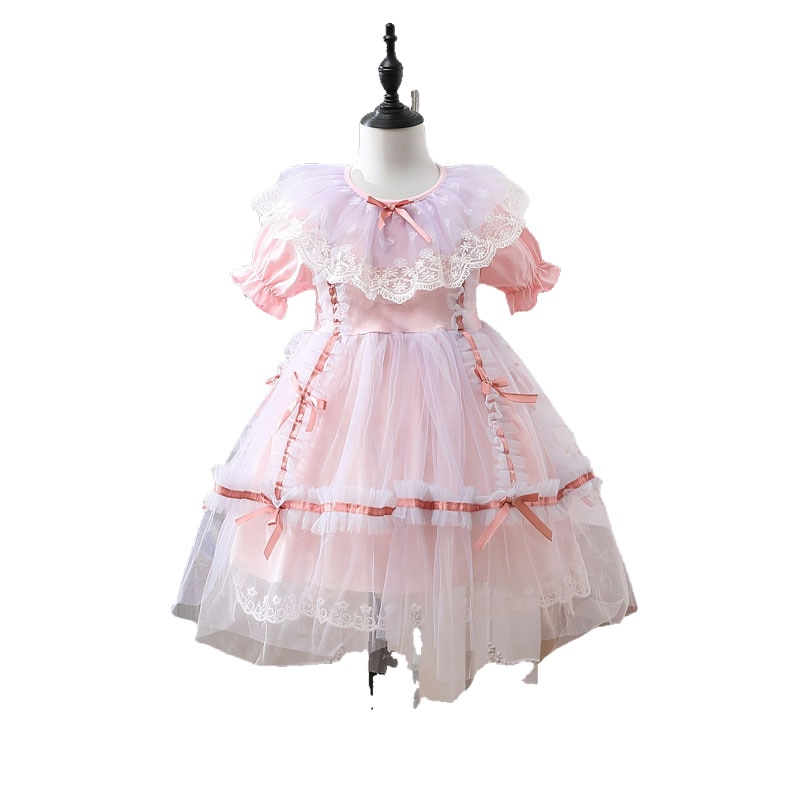 Girls Party Dresses Girls Puffed Sleeve Lace Trim Mesh Princess Dress With Bow For Kids Children Summer