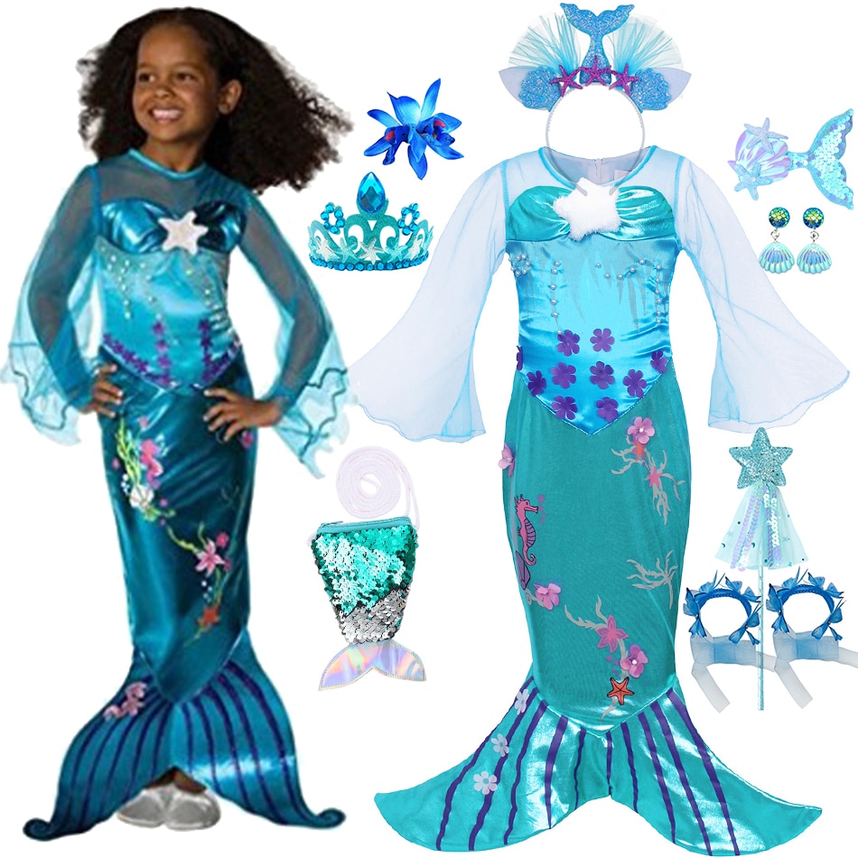 Fishtail Princess Dress For Girl Sea Applique Print Frock Children Halloween Cosplay Theme Outfit 2-10 Yrs Carnival Disguise Set
