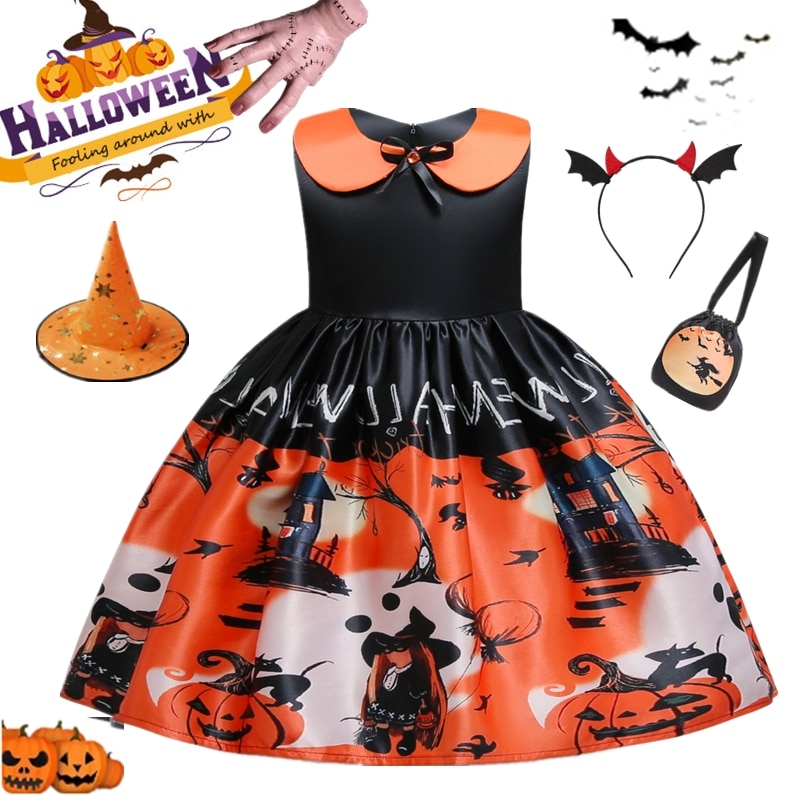 Halloween Ghost Festival Costumes Witch Dress for Girls 3-10 Yrs Children Mesh Vampire Cosplay Stage Performance Party Vestidos