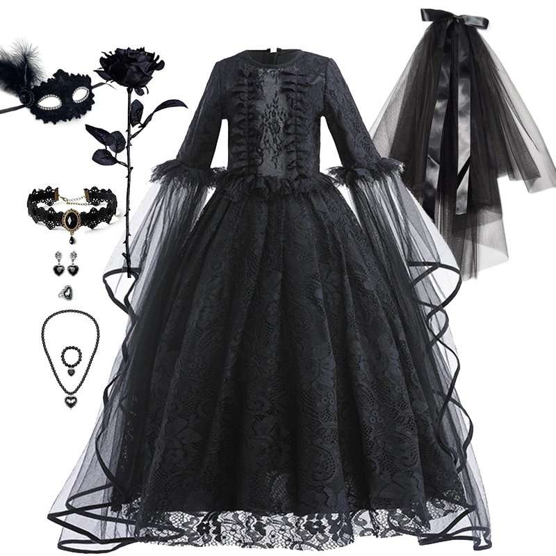 Halloween Ghost Bride Costume Kids Girl Dress Cosplay Black Lace Mesh Princess Dresses Carnival Children Dress Up Party Clothes
