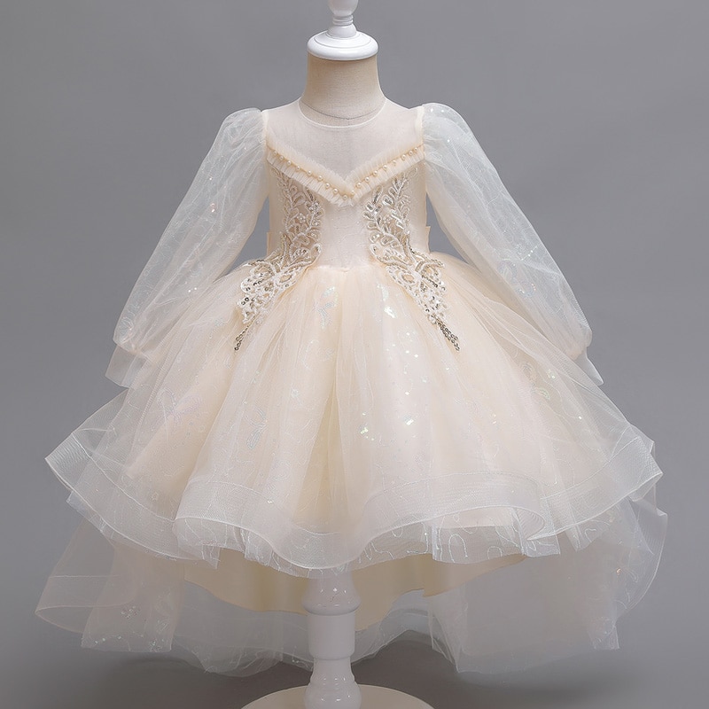 Girl spring and autumn new court style gauze pompadour train dress dress Dinner evening gown heavy champagne wedding #T2210