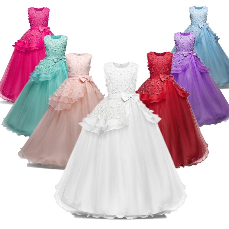 Girl Party Dress Bridesmaid Princess Flower For Wedding Elegant Kids Bow Long Gown Children Formal Gala Clothes 12 13 Y Vestidos