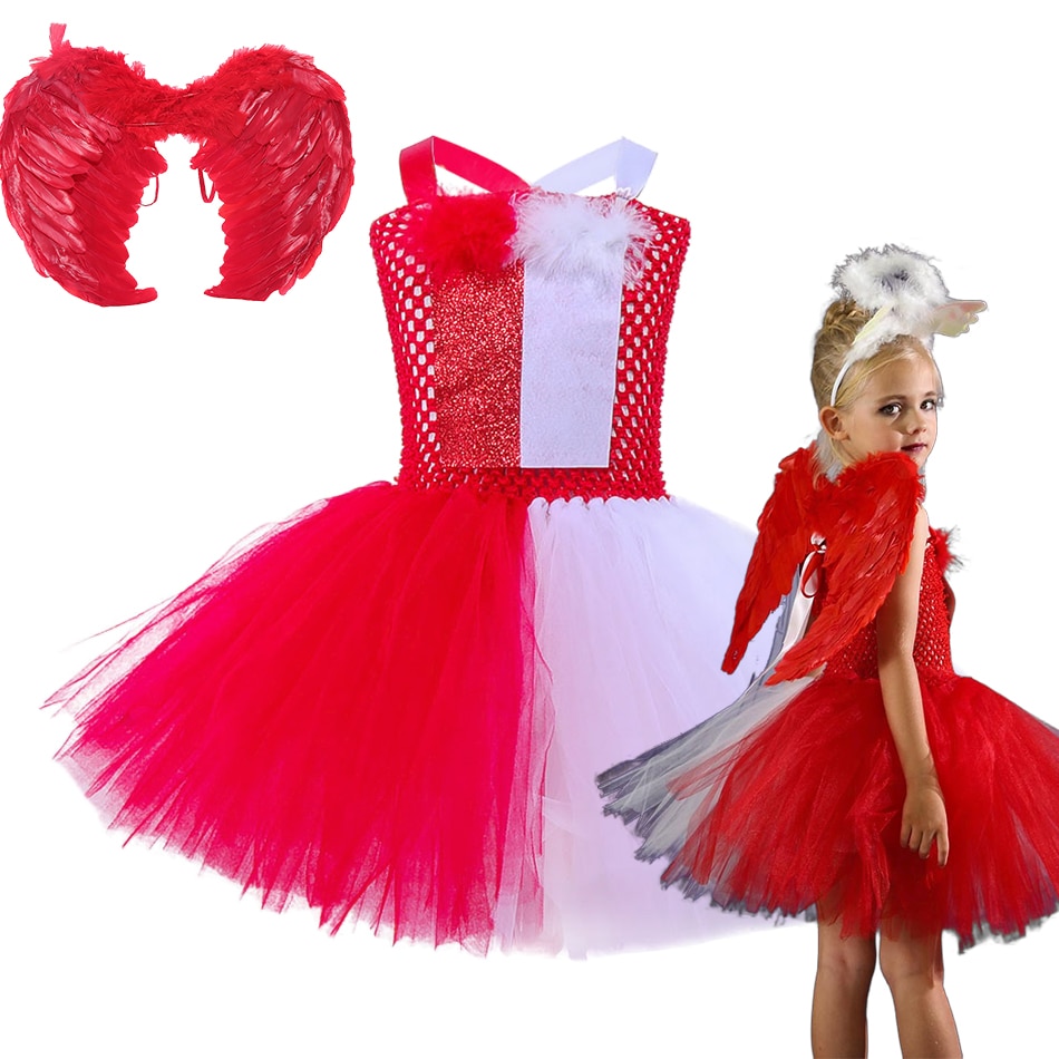 Girls Tutu Dress Angel Demon Tulle Dresses with Feather Wing Party Halloween Costume Children Princess Outfits Clashing Colors