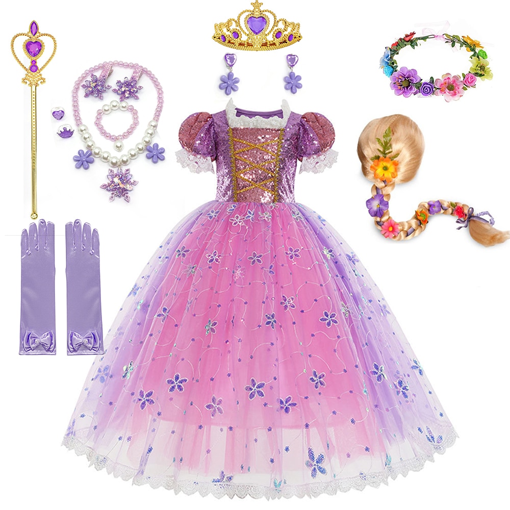 Disney Rapunzel Princess Costume Dress For Girl Luxury Ball Gown Dress Fancy Birthday Party Gift Halloween Cosplay Vestidos