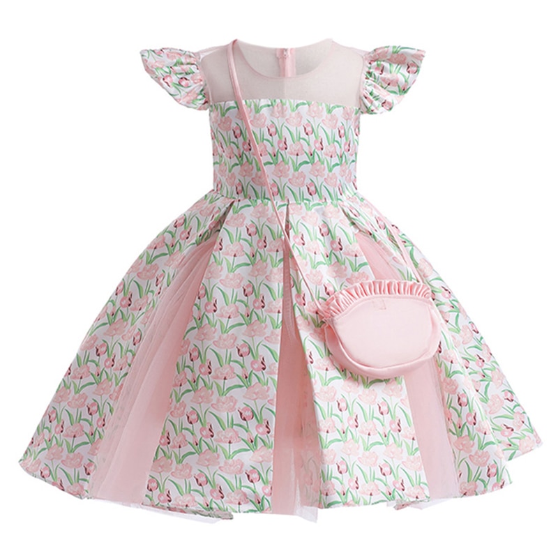 Summer Kids Princess Dress For Girls Children Costume Elegant Floral Printed Girl Birthday Wedding Party Dresses With Bag 3-10Y
