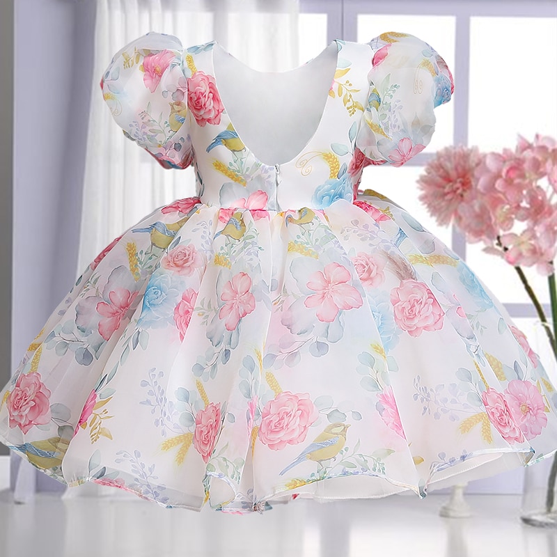 Puff Sleeve Girls Princess Dress for Wedding Birthday Party Prom Gown Kids Clothes Summer Tulle Flower Children's dresses