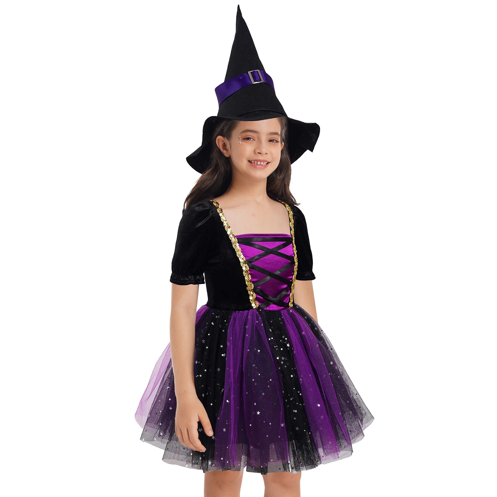 Kids Girls Witch Costume Halloween Cosplay Dresses Glittery Mesh Tutu Dress with Hat Children Carnival Party Dress Up Clothes