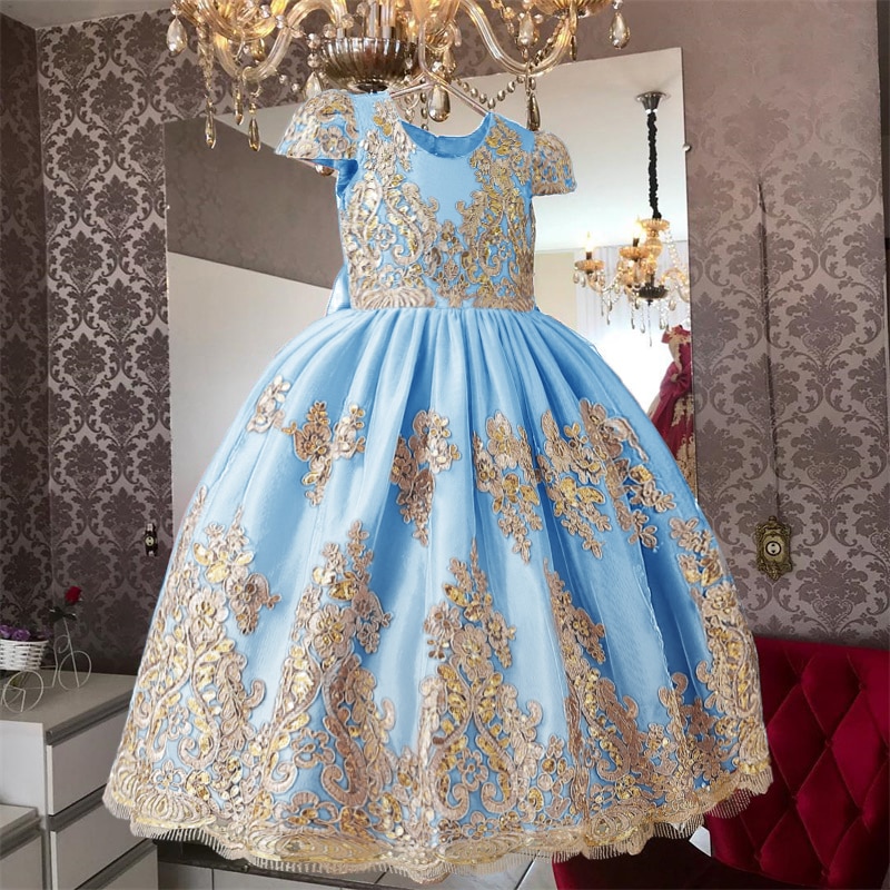Girls Embroidery Lace Bridesmaid Dresses for Elegant Girls Party Luxury Dress Vintage Court Formal Birthday Evening Gala Dress