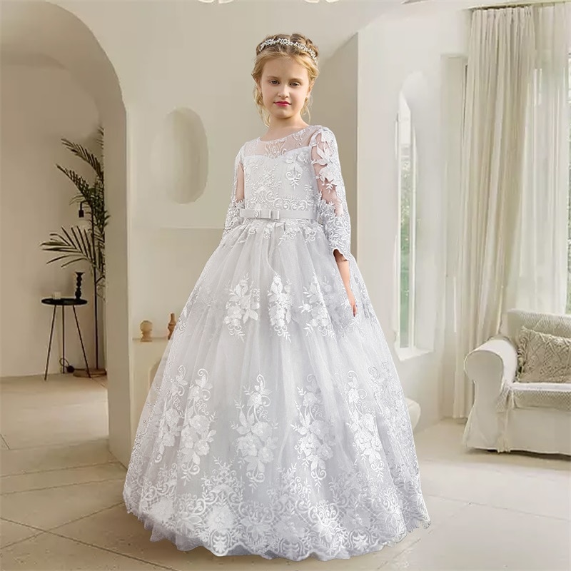 Girls First Communion Gala Long Dress for Teenage Elegant White Wedding Evening Birthday Party Gowns Flower Children's Dres
