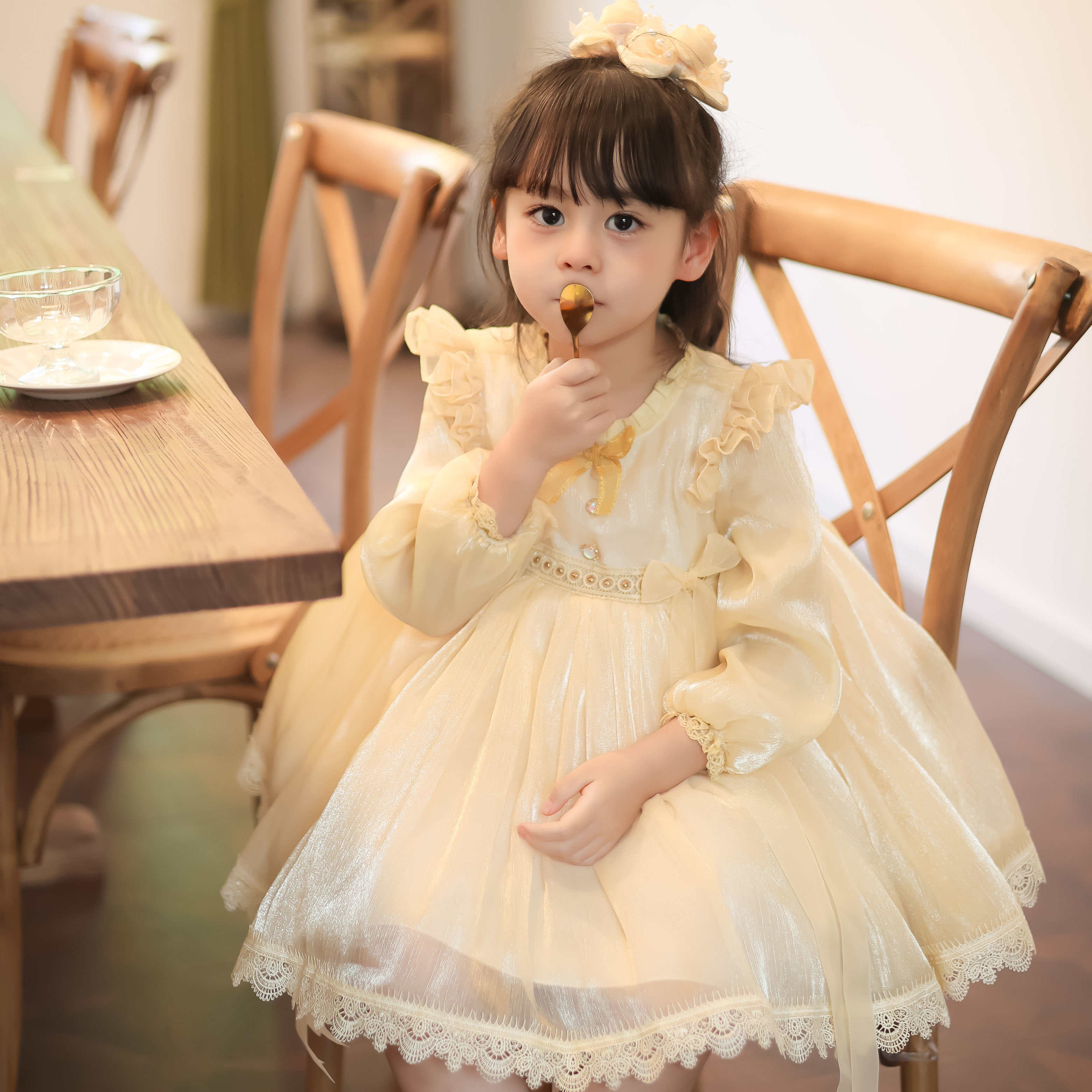 Girls Sweet Bow Princess Dress spring autumn Children Baby Kids Long Sleeved Party Birthday Lace Dress Lolita Vestidos