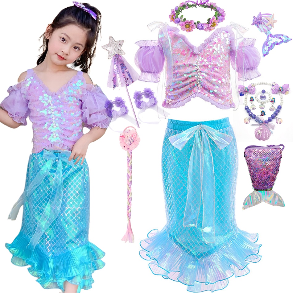 Sequin Mermaid Dress Luxury Fishtail Princess Costume Children Birthday Theme Party Outfits Stage Performace Elegant Gown