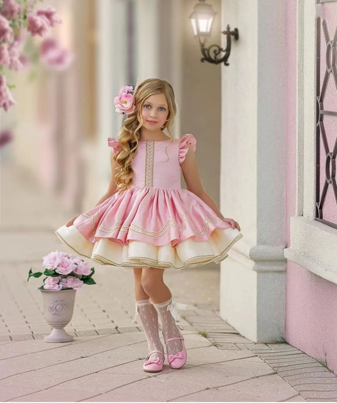 0-8Y Baby Girl Spring Summer Pink Vintage Spanish Princess Ball Gown Dress for Christmas Eid Causal