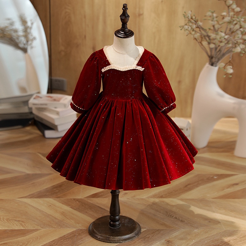 Spring Spanish Baby Girl Elegant Red Dress Kids Shiny Commencement Formal Dresses Princess Children Birthday Ball Gown Vestido