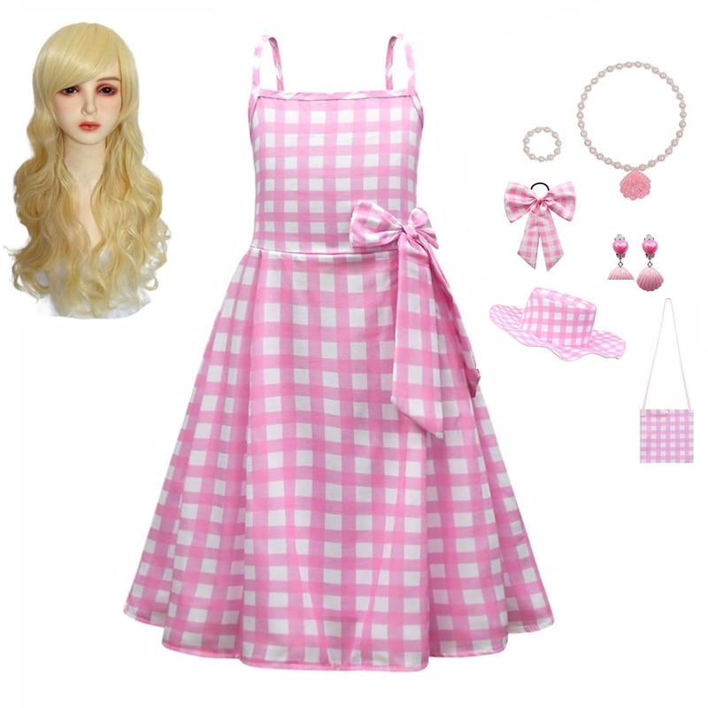 2023 Movie Princess Cosplay Costumes Children Pink Plaid Dress Kids Halloween Carnival Role Play Party for Girls
