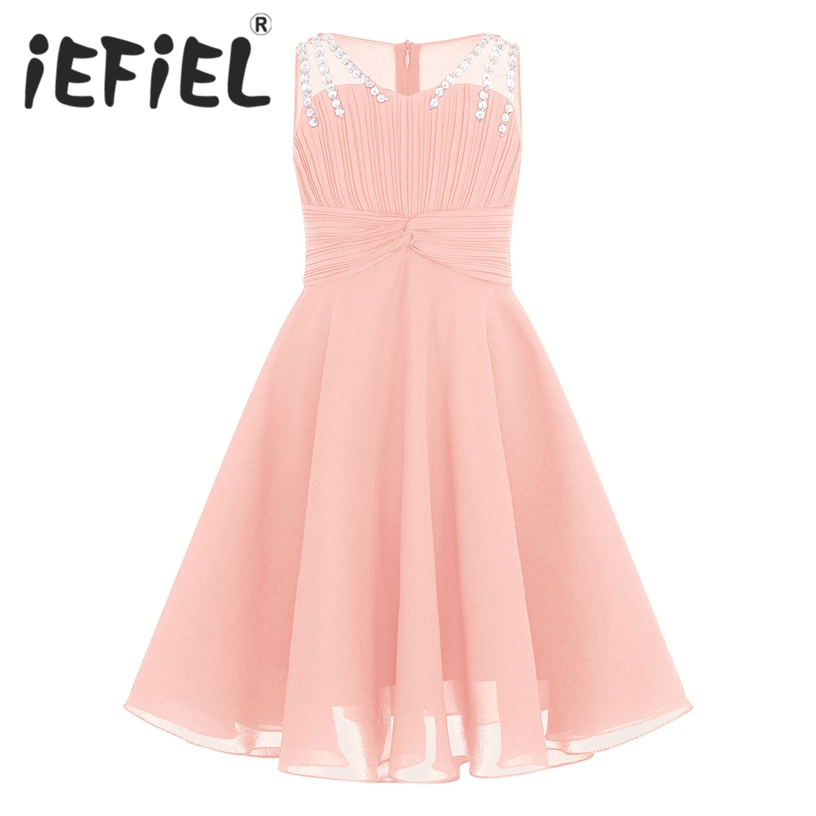 Kids Flower Girls Dress Sequins Beaded Princess Birthday Party Dress Sweetheart Sleeveless Chiffon Dress for Wedding Bridesmaid