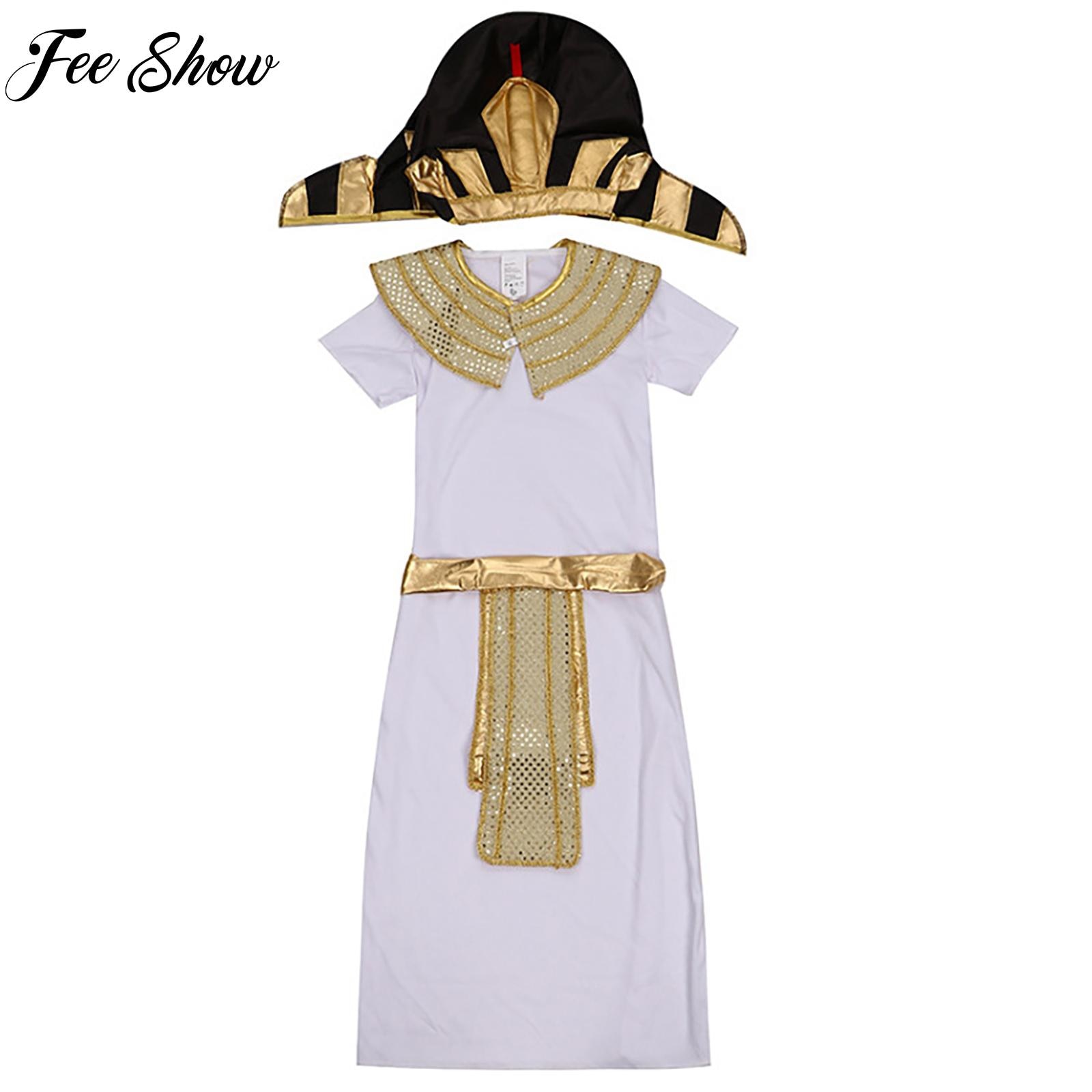 Gold Kids Boys Halloween Costume Acient Egyptian Pharaoh King Costume Robe with Fake Collar And Headwear Set for Cosplay