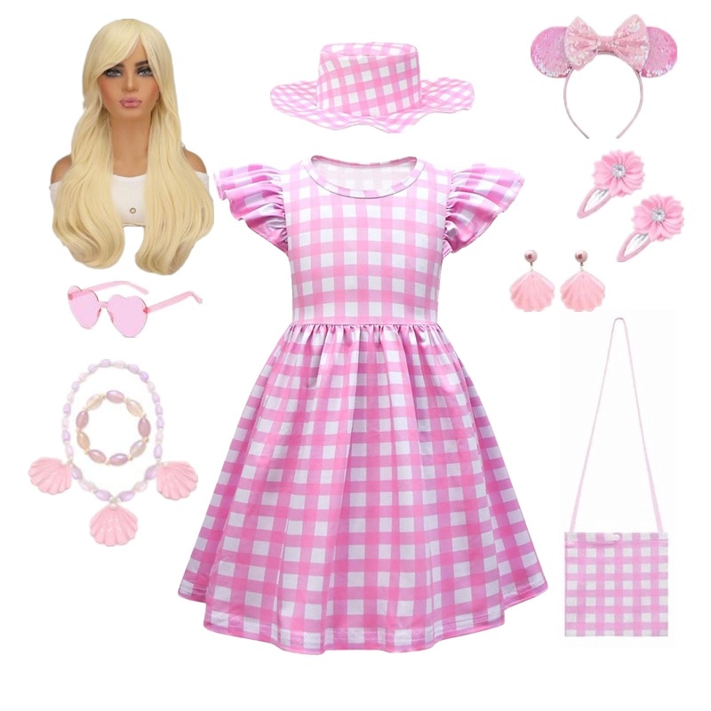2023 Movie Barbie Costume for Girls Kids Cosplay Pink Plaid Barbie Clothes Uniform Halloween Carnival Birthday Party Costumes