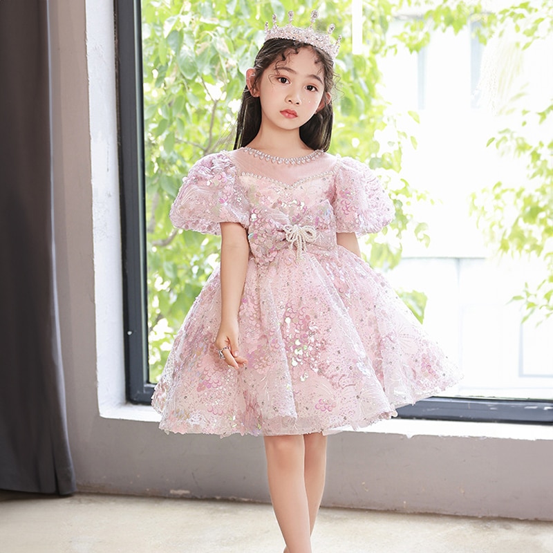 Princess Ball Gown Short Dress Kids for Birthday Party Girls Formal Dress Sequin Pink Children Luxury Pageant Weddings Dresses
