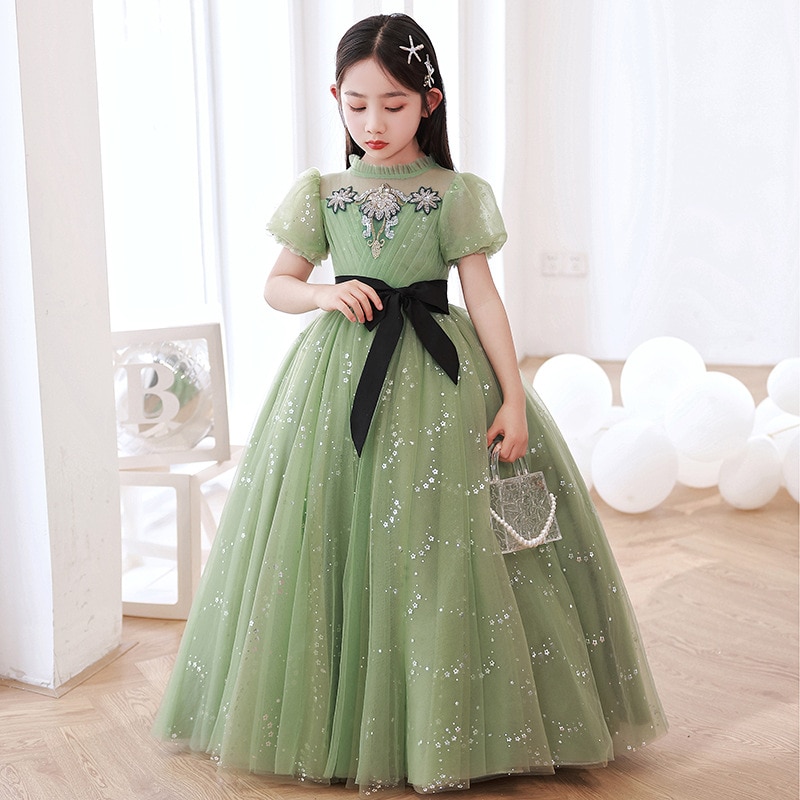 2023 Evening Wedding Kids Girls Formal Occasion Dress Green Tulle Long Luxury Party Ball Gowns Children Princess Pageant Dresses