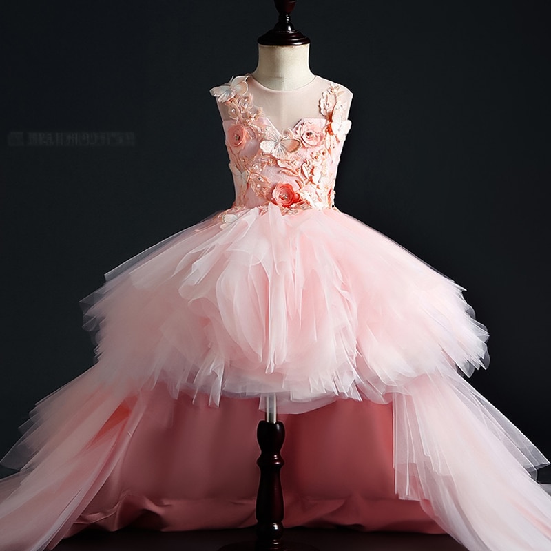 Little Girls Elegant Tulle Dress with Train Kids Formal Princess Evening Gowns Children Elegant Wedding Luxury Pageant Dresses