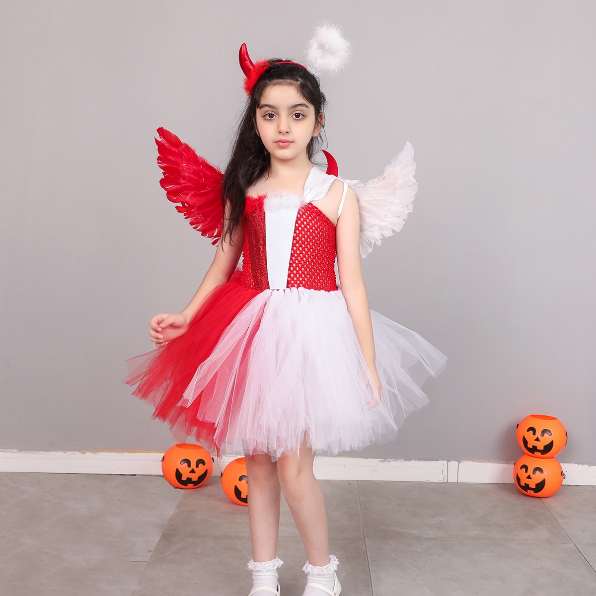 Naughty & Nice Angel Demon Child Fancy Dress for Halloween Costume Girls Cosplay Party Dress up Tutu Dress with Wing Headban