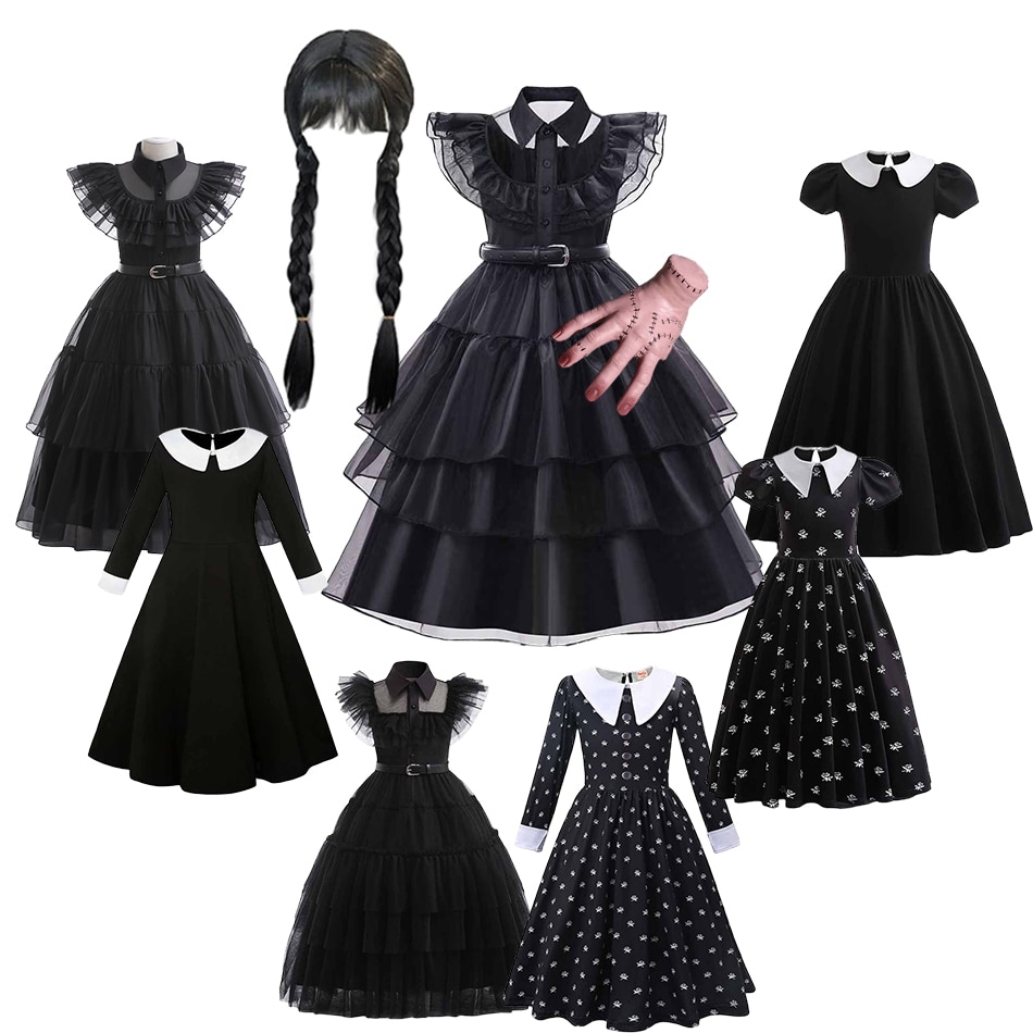 Movie Wednesday Addams Cosplay Costumes Girl Kids Black Mesh Gothic Dresses Carnival Halloween Party Clothing Children Vestidos
