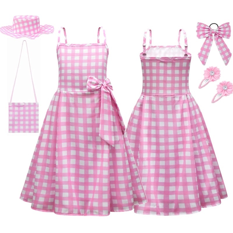 Barbie Princess Kids Outfits Girl Pink Bow Plaid Dress Children Barbie Clothes Halloween Carnival Party Cosplay Costume 3-10 Yrs