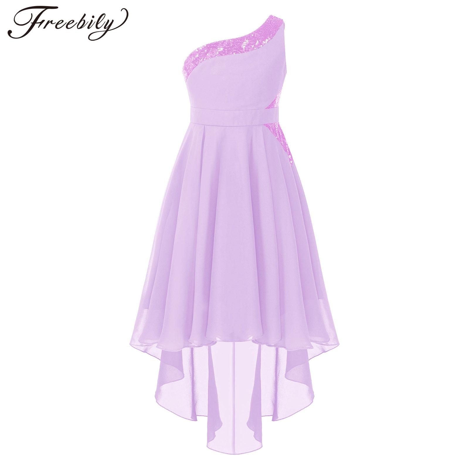 Kids Girls Flower Girls Dress One Shoulder Sleeveless Pleated High-Low Hem Sequins Chiffon Summer Dress for Evening Wedding Prom