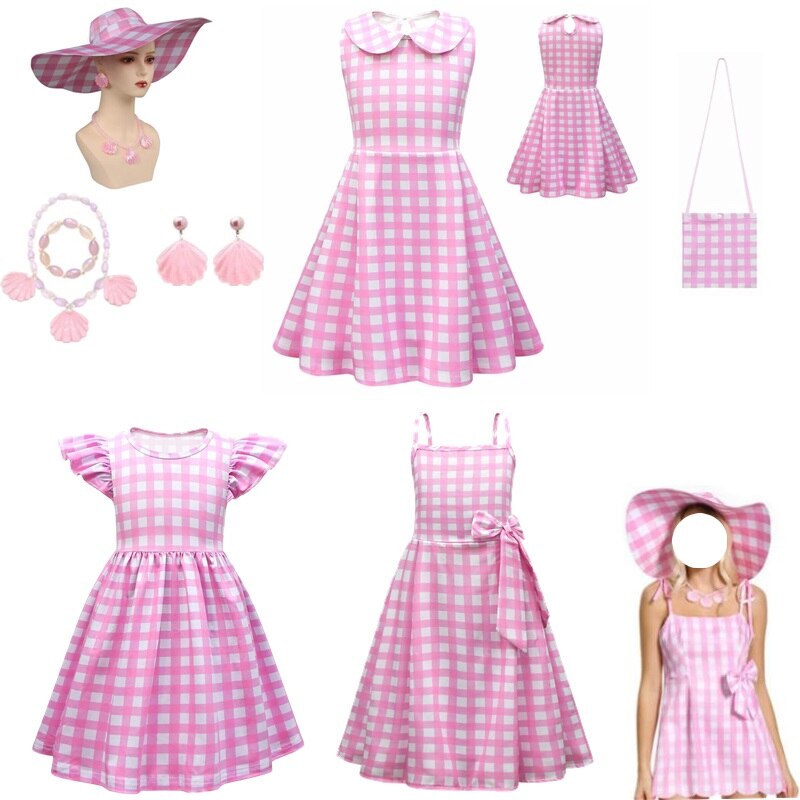 Movie Barbie Cosplay Costume for Girls Pink Plaid Kids Princess Dress Halloween Carnival Birthday Party Clothes Vestidos