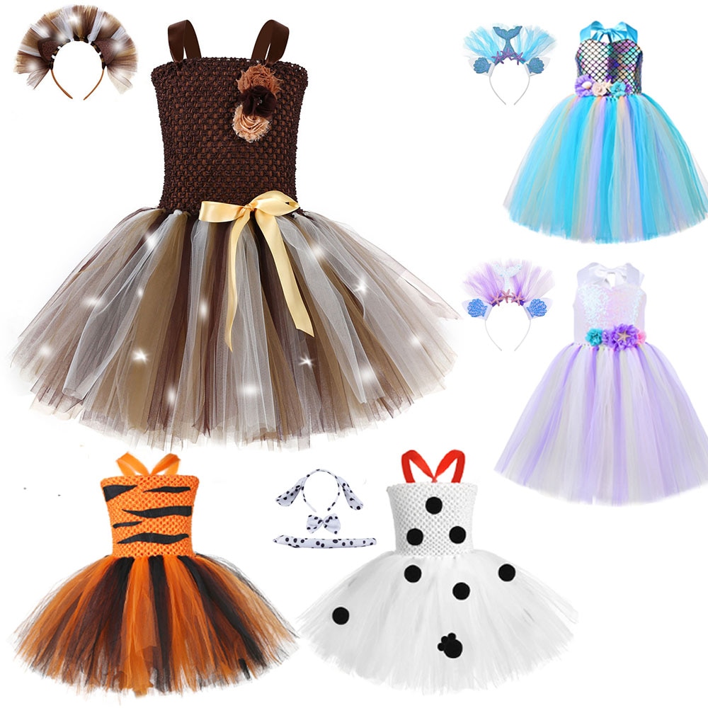 Animal Cat Cosplay Costume for Girls Halloween Tutu Dress Headdress Tail Kids Birthday Outfit Reindeer Princess Dresses