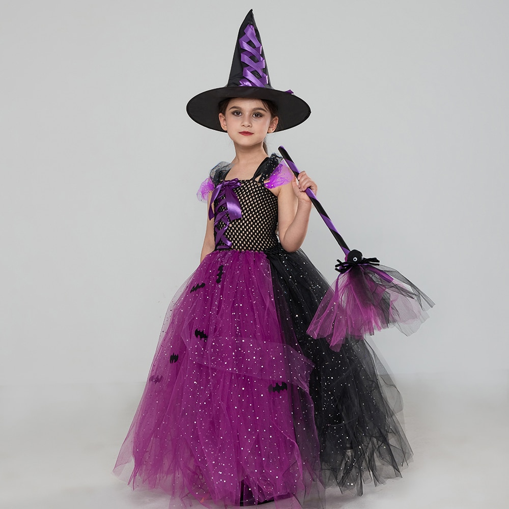 Magic Witch Halloween Costumes for Girls Bat Gown Tutu Dress with Broom Hat Kids Carnival Cosplay Party Fancy Dresses 2-10 Years