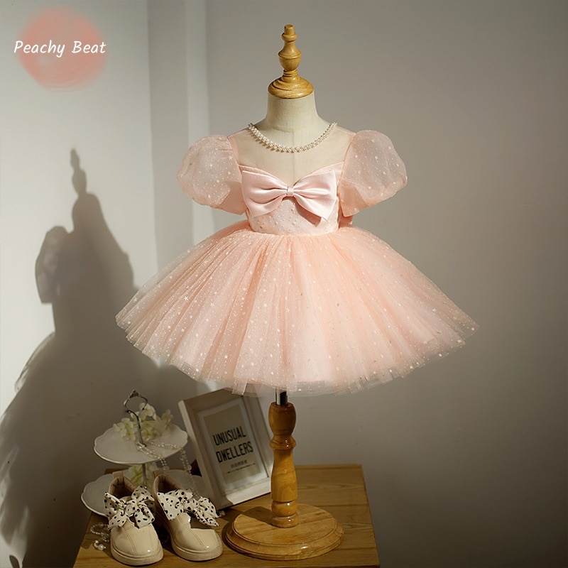 Baby Girl Princess Tutu Dress Shiny Infant Child Puff Sleeve Bow Pearl Vestido Party Wedding Birthday Baby Clothes 9M-14Y