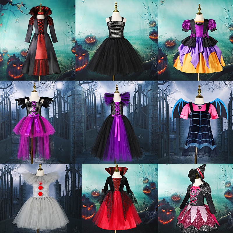 Halloween Costume for Kids Girls Maleficent Cosplay Vestidos Mesh Party Dresses Carnival Costume Fantasia Black Witch Ball Gown