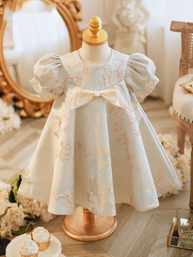 Party Dress for Girl 2023 Baby Clothes Luxurious Dresses Children Printed with Bow Ball Gowns for Baptism Infant Vintage Evening