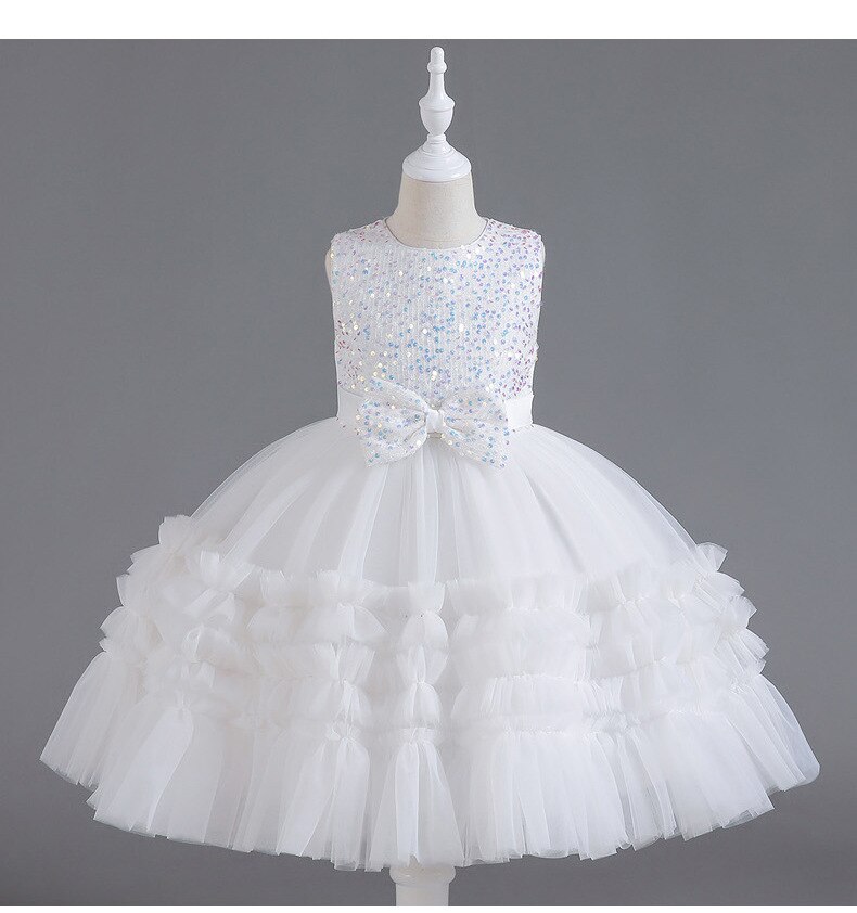 Girls' Sweet Dress Children Elegant Sequins Evening Dress Mesh Fluffy Sleeveless Short Princess Dresses For 3-8-12 Years Ol