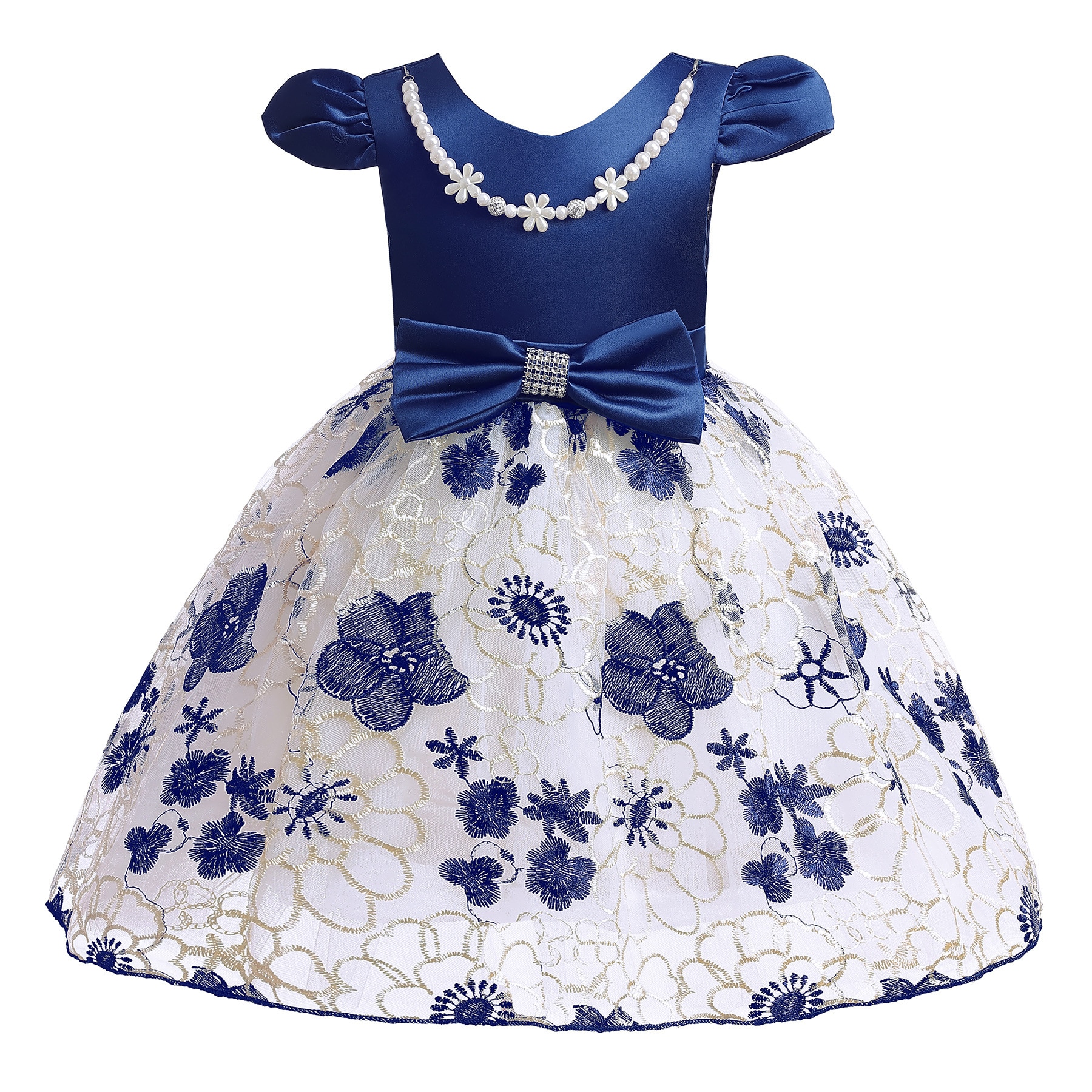Summer New Mesh Dress Little Girl Pearl Necklace Embroidered Bow Tank Top Dress Flower Fashion Cute Wedding Dress